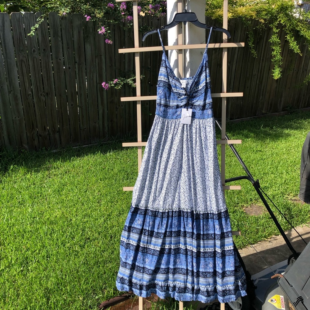 JAPNA Ruffle Hem Tiered Criss Cross Peep Bodice Spaghetti Straps Maxi Dress S